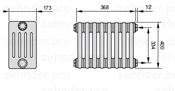 Схема (чертеж) Радиатор Zehnder Charleston 5040/8 №7610 Белый глянцевый RAL 9016